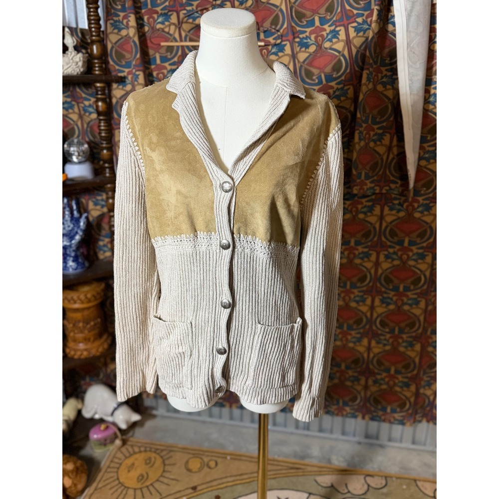 Lauren Ralph Lauren Women Beige Suede Knit Cardigan Sweater‎ Jacket M